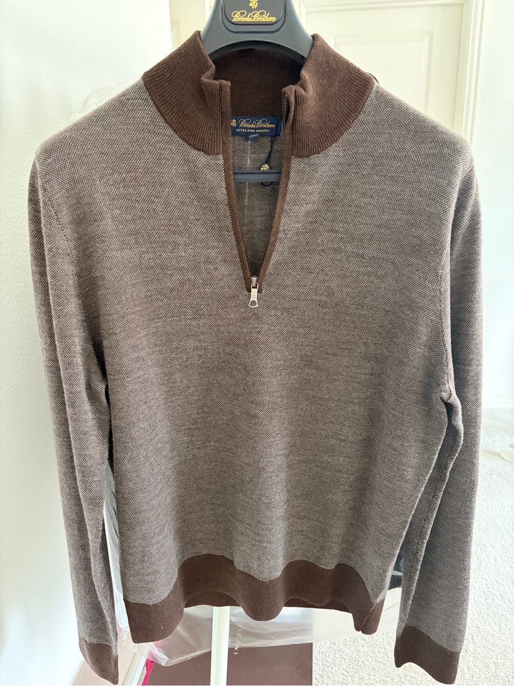 NWOT Brooks Brothers Sweater Half-Zip Extra Fine Merino Wool Brown Medium